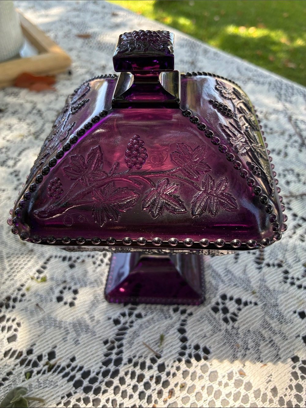 Fenton Purple Covered Candy Dish with Grape Vine Motif